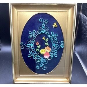 VTG Framed Rolled Paper Quill Art-Floral, Butterfly- 6"x 8" Decorative Wall Hang